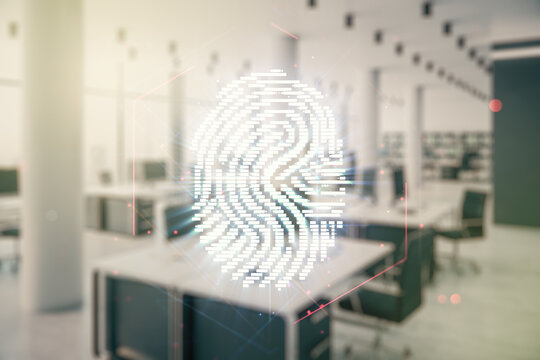 Multi exposure of virtual creative fingerprint hologram on modern corporate office background, personal biometric data concept