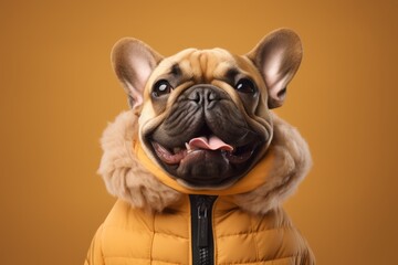 Medium shot portrait photography of a happy french bulldog wearing a puffer jacket against a warm taupe background. With generative AI technology