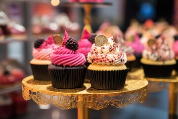 decorated cupcakes on a stand during event