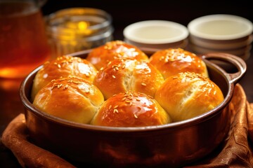 a bowl filled with fresh oven-baked dinner rolls