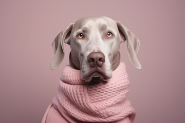 Medium shot portrait photography of a happy great dane wearing a snood against a warm taupe background. With generative AI technology - obrazy, fototapety, plakaty