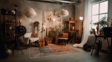Cozy bohemian photography studio with warm lights and white  background