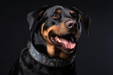 Lifestyle portrait photography of a smiling rottweiler wearing a paw protector against a cool gray background. With generative AI technology