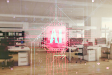 Double exposure of creative artificial Intelligence abbreviation hologram on a modern furnished...