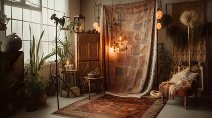 Cozy bohemian photography studio with warm lights 