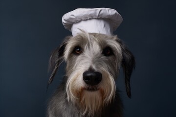 Lifestyle portrait photography of a happy irish wolfhound dog wearing a chef hat against a cool gray background. With generative AI technology