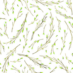 Watercolor pattern on the theme of spring on a white background. Endless pattern with images of spring, blooming, young branches and petals.