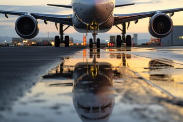 close-up of airplane tires touching runway - obrazy, fototapety, plakaty