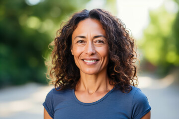 An outdoors portrait of a confident, cheerful mature woman, aged in her 50s, radiating happiness and vitality. She stands in a sunny public park, embodying a balanced and active healthy lifestyle.