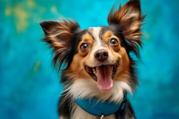 Close-up portrait photography of a happy papillon dog wearing a denim vest against a tropical teal background. With generative AI technology