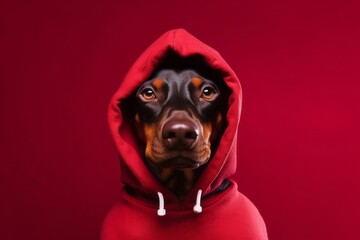 Close-up portrait photography of a funny doberman pinscher wearing a fluffy hoodie against a ruby red background. With generative AI technology