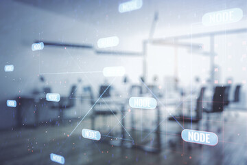 Double exposure of abstract creative programming illustration on a modern furnished office interior background, big data and blockchain concept