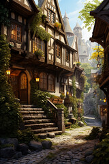 Fototapeta na wymiar fantasy background, medieval street with wide stone road and stairs, medieval houses on the sides of the street, fantasy style