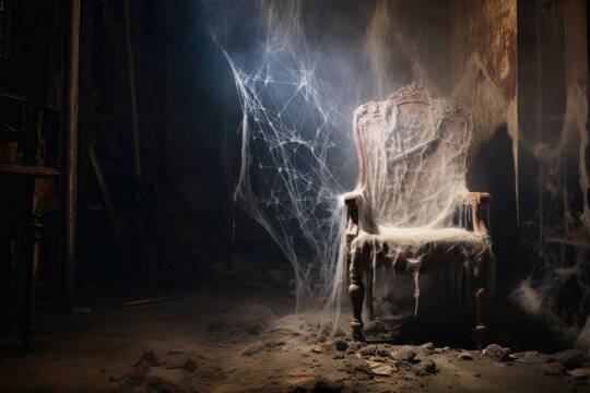 cobwebs covering a spooky old chair