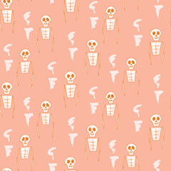 Spooky skeleton troop giving halloween vibes forming a seamless vector pattern in an off white, brown over pastel peach. Great for home decor, fabric, wallpaper, gift-wrap, stationery and packaging