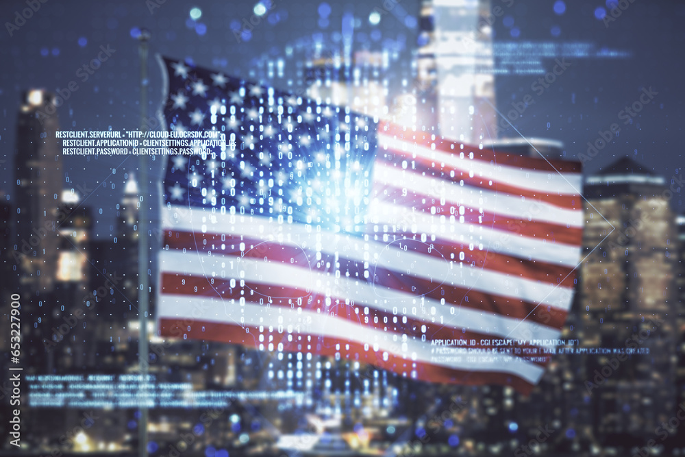 Poster double exposure of abstract virtual creative code skull hologram on usa flag and blurry skyscrapers 