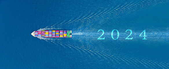 Future 2024 cargo ship with asphalt new year numbers 2024,  .ship carrying container and running for export concept technology ship move forwarder to new year.
