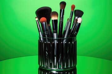 array of professional makeup brushes on neon green backdrop
