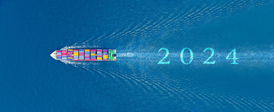Future 2024 cargo ship with asphalt new year numbers 2024,  .ship carrying container and running for export concept technology ship move forwarder to new year.