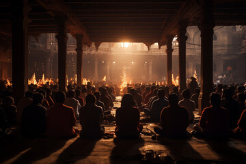 photo capturing the serenity of an ancient city temple, with worshippers engaged in religious practices