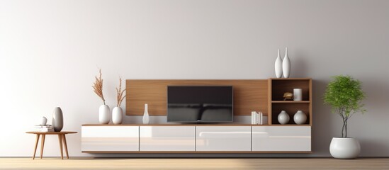 Minimalist Muji style living room with two toned wall and TV cabinet depicted in a