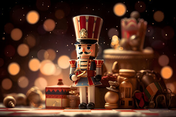 Soldier nutcracker statue standing in front blurry background - obrazy, fototapety, plakaty