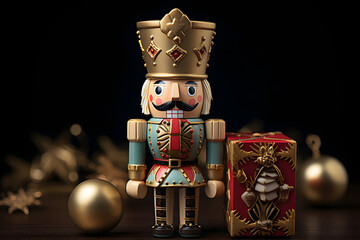 Soldier nutcracker statue standing in front of decorated Christmas tree