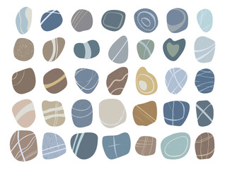 Beautiful sea river small pebbles various colours and shapes isolated on white background. Flat style