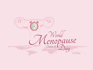 World Menopause Day,Silhouette of a female reproductive organ with a clock inside, English text and map on a pink background.