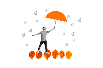 Composite creative photo abstract collage of good mood man dancing in rain on leaves with parasol...
