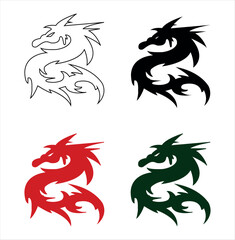 Dragon vector illustration. Black, red and green dragons. Symbol of 2024.