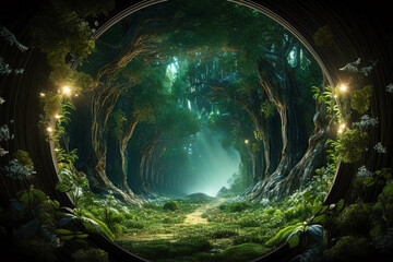 Fantasy world scene with film reels in enchanted forest