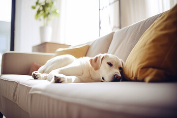 Cute sleepy dog resting on the sofa in the bright living room