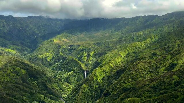 Aerial cascading waterfalls adventure hiking vacation destination Hawaii 