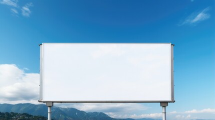 Obraz premium Large empty blank billboard mockup with white screen against backdrop of blue sky. Copy space banner background for advertising.