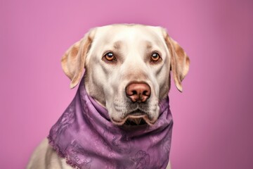 Headshot portrait photography of a funny labrador retriever wearing a cooling bandana against a lilac purple background. With generative AI technology