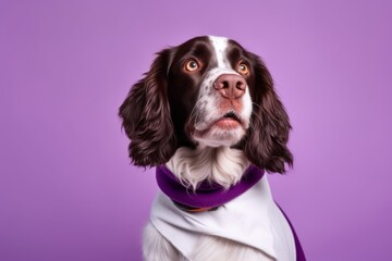 Medium shot portrait photography of a smiling english springer spaniel wearing a superhero costume against a lilac purple background. With generative AI technology