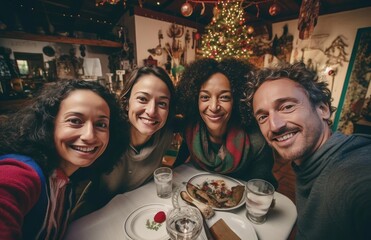 A group of friends at the festive Christmas table - obrazy, fototapety, plakaty