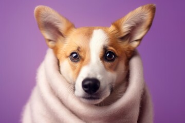 Close-up portrait photography of a cute norwegian lundehund wearing a thermal blanket against a lilac purple background. With generative AI technology