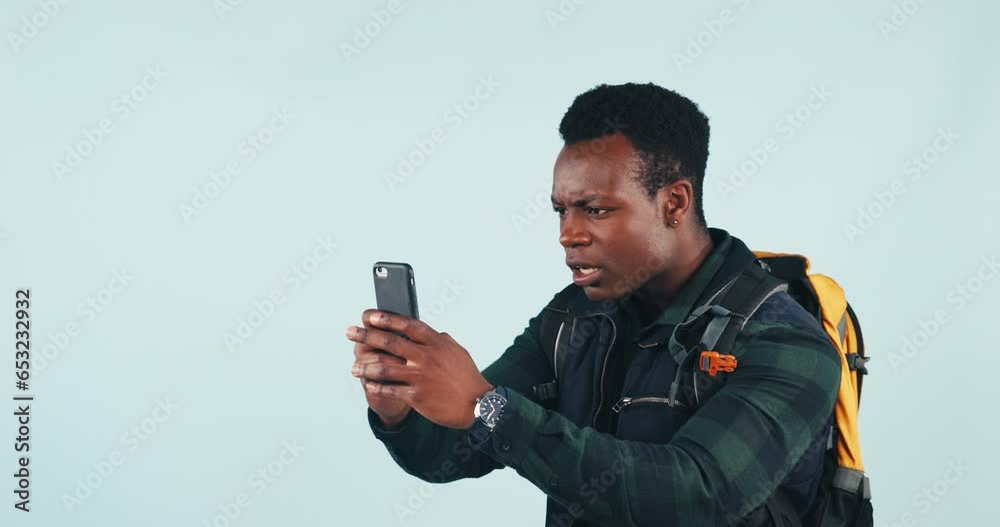 Poster phone, fail and black man hiking in studio with network, search or connection problem on grey backgr