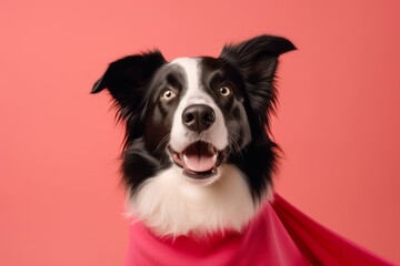 Environmental portrait photography of a funny border collie wearing a superhero costume against a coral pink background. With generative AI technology - obrazy, fototapety, plakaty