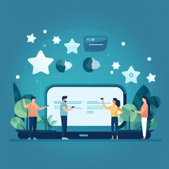 Set against a trustworthy color palette, this flat illustration delves into the digital realm of customer feedback. Portraying a website's review section, customers passionately award star ratings