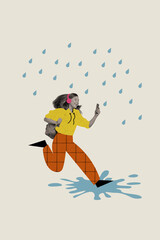 Photo sketch collage picture of smiling lady running under rain listening songs apple iphone samsung device isolated creative background