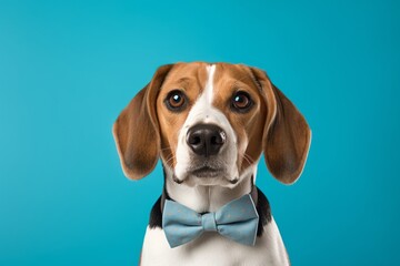 Group portrait photography of a cute beagle wearing a cute bow tie against a cerulean blue background. With generative AI technology