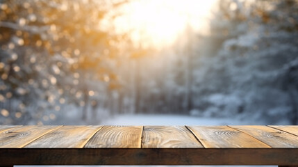 Mockup of empty wooden display product stand, table with blurred snow pine trees forest in morning...