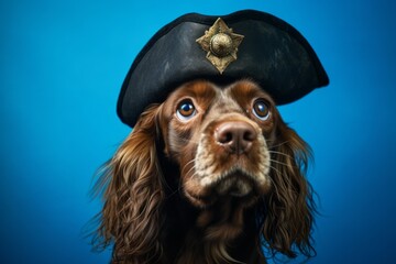 Medium shot portrait photography of a funny cocker spaniel wearing a pirate hat against a cerulean...