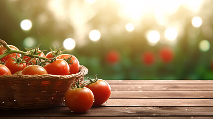 Basket of fresh tomatoes on wooden table at organic farm background.