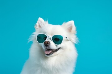Close-up portrait photography of a funny american eskimo dog wearing a trendy sunglasses against a cerulean blue background. With generative AI technology - obrazy, fototapety, plakaty