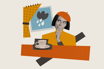 Composite creative photo collage of minded thoughtful woman stay home look at rainy weather in...
