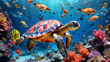 turtle with group of colorful fish and sea animals with colorful coral underwater in ocean. Generative AI